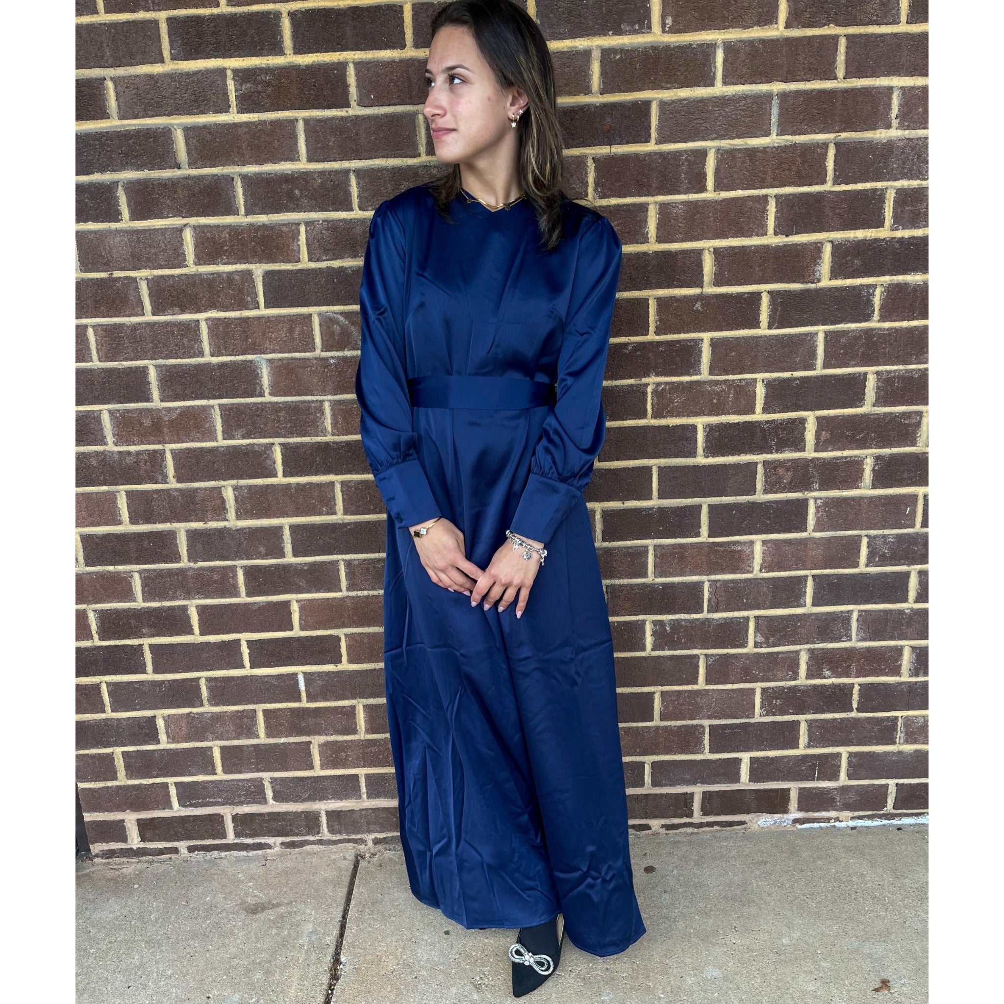 Navy blue satin maxi dress deals