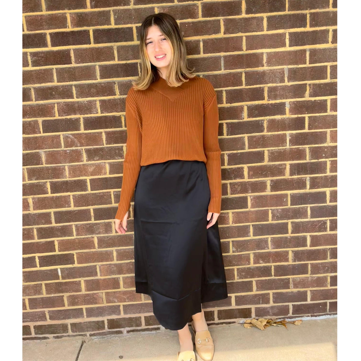 Cognac Wide Ribbed Collared Top