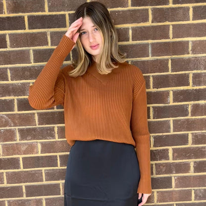 Cognac Wide Ribbed Collared Top