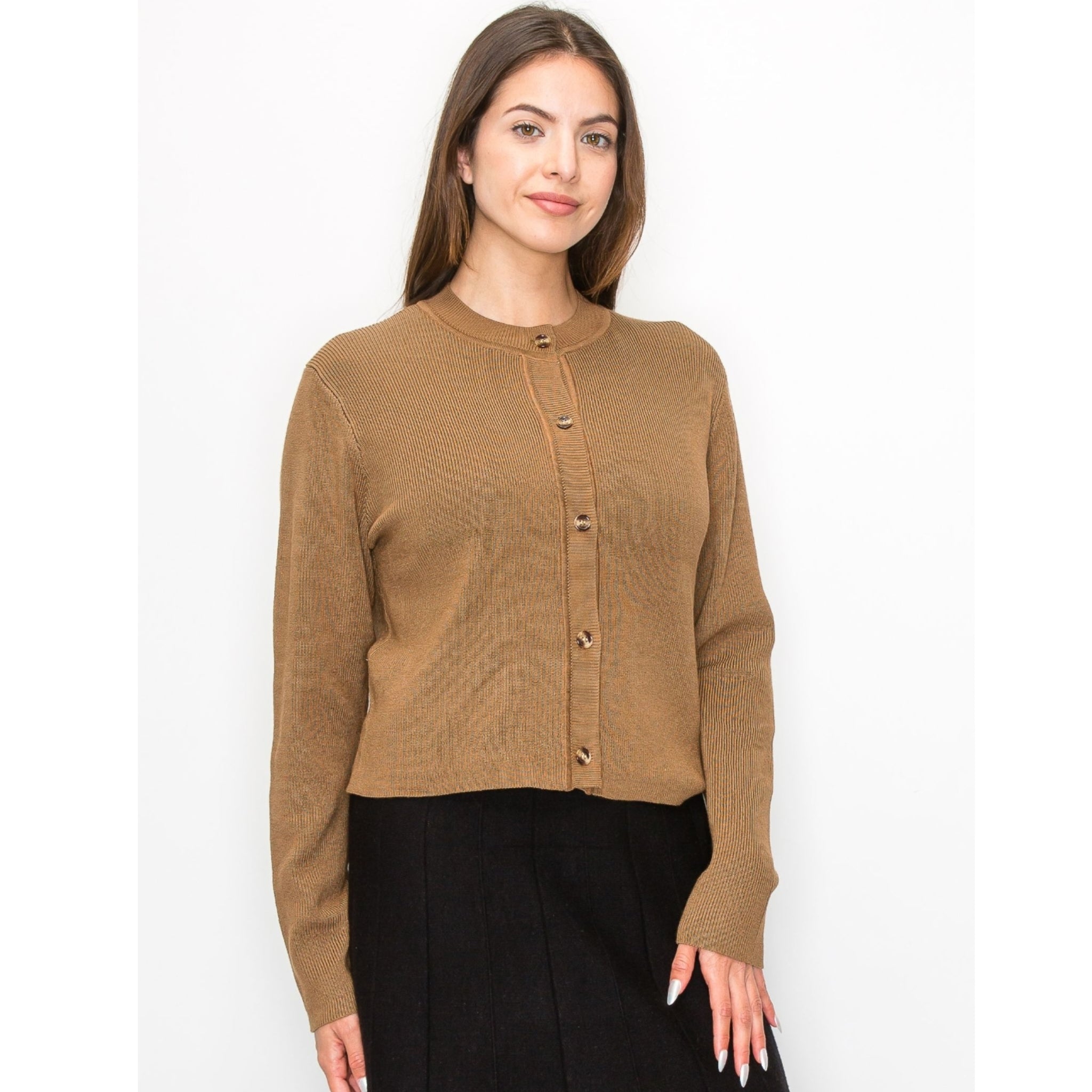 Camel Rib Solid Crop Cardigan - Main Image