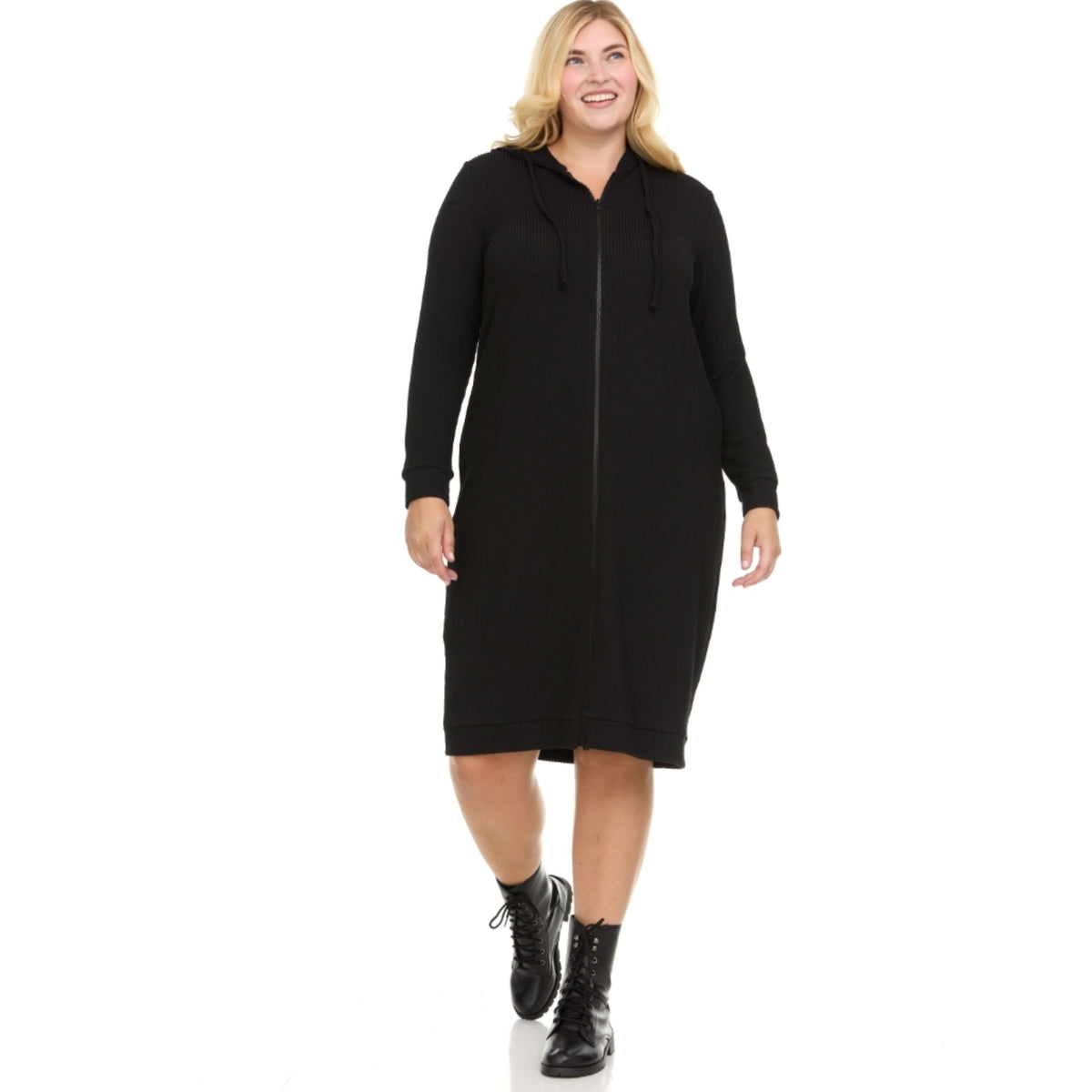 Plus Black Carrie Rib Knit Hoodie Dress