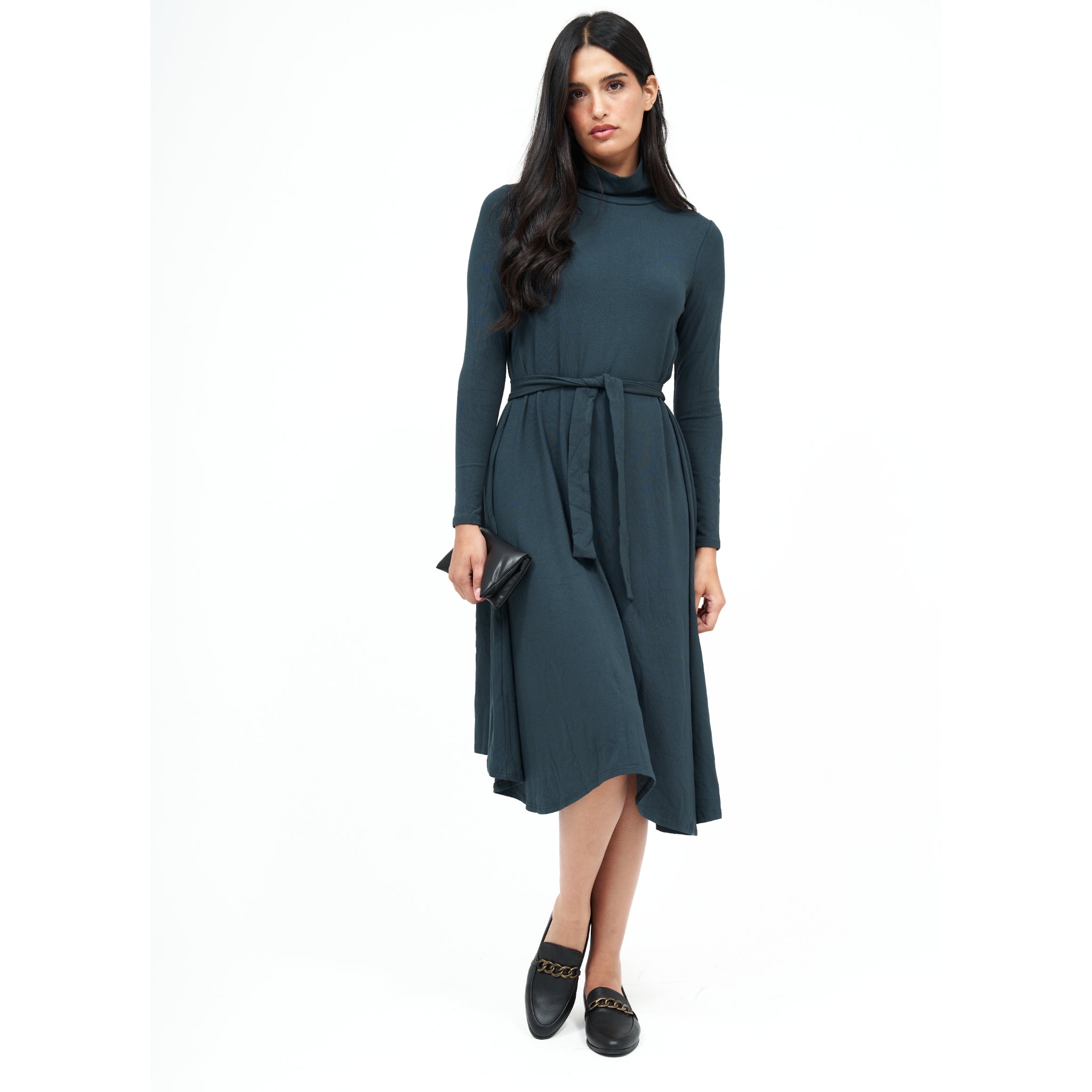 flowy turtleneck dress Airy Soft Turtleneck Long Sleeve Midi Sweater Dress