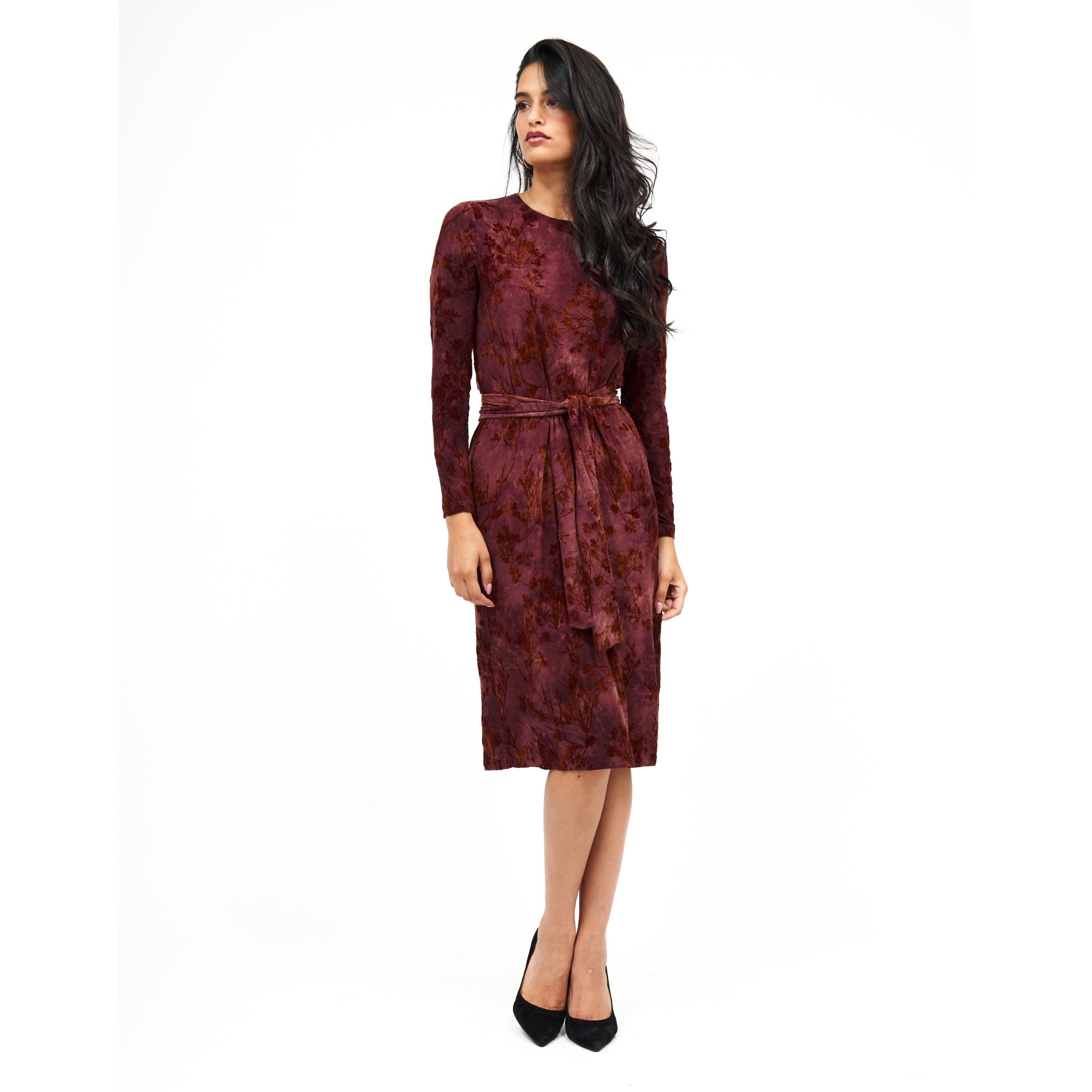 maroon casual dress Maroon Floral Velvet Loose Basic Dress by DF
