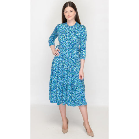 Tiered Drawstring Dress Blue Floral Print