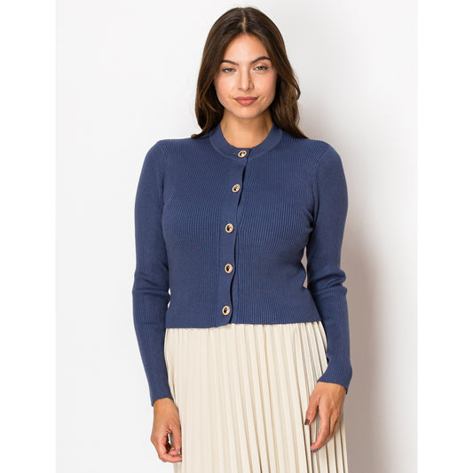 Blue Solid Ribbed Cardigan