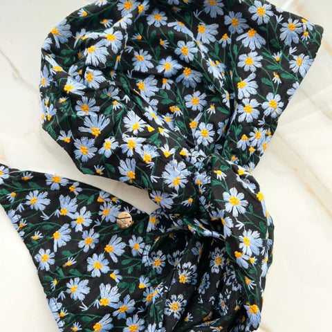 Embroidered Blue Sunflower Pre-tied Headscarf by Valeri