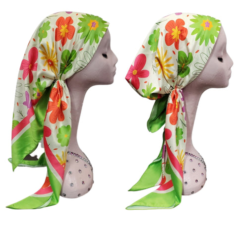 Silky Pretied Electric Green Floral Tichel by Itsyounique