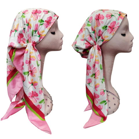 Silky Strawberry Pink Pretied Floral Tichel by Itsyounique