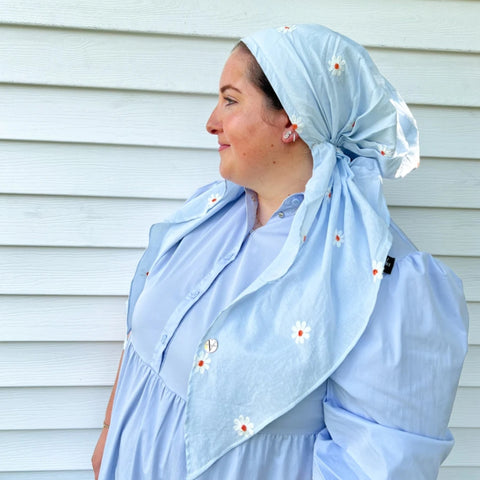 Alyssa X Valeri Sky Blue Embroidered Daisy Pretied Headscarf