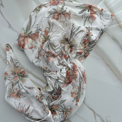 White Floral Pretied Headscarf by Valeri
