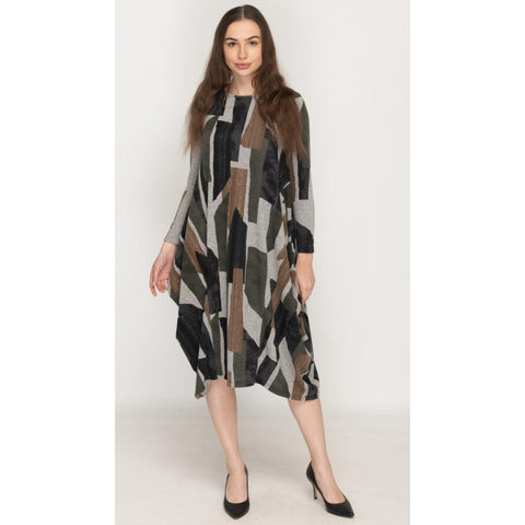 Georgiana Fleece Boho Dress- Olive Geo Print