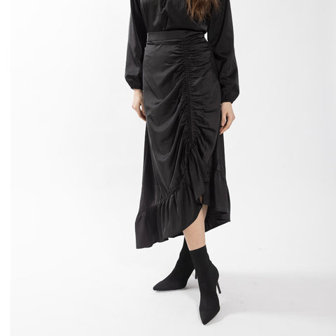 Satin Ruched Skirt Black