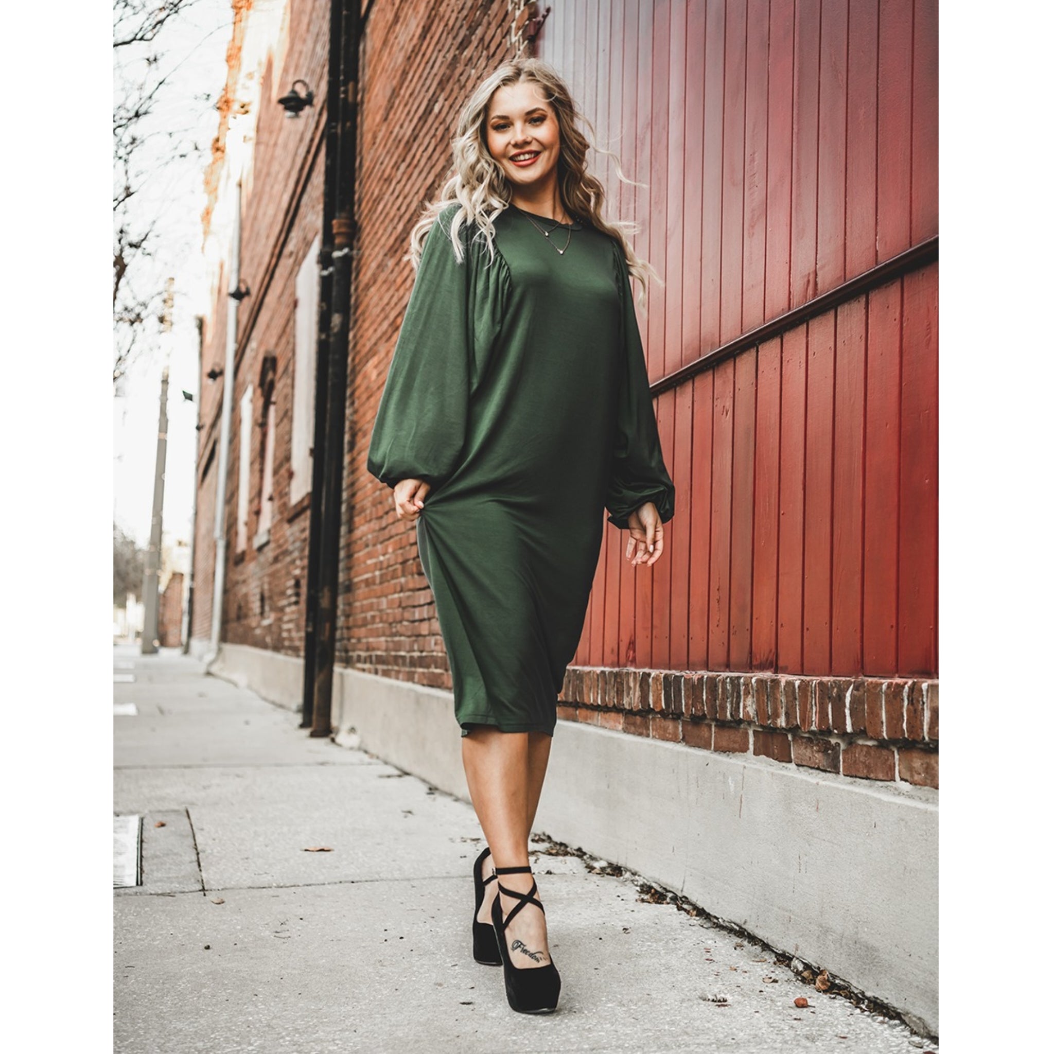 hunter green dress accessories Hunter Green Embroidered Pleated Bodice Smocked Back Midi Dress *FINAL SALE*