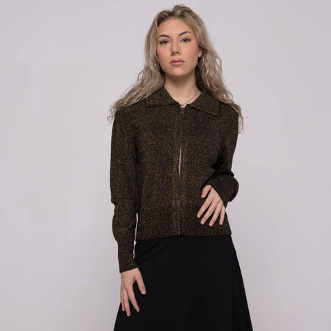 Shimmer Heathered Zip Front Sweater Black/Gold