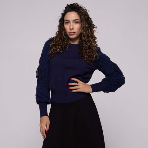 NAVY Rouched Drawstring Sleeve Sweater by Ivee