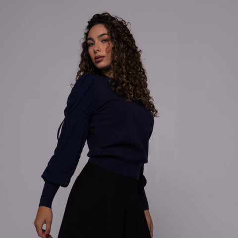 Black Rouched Drawstring Sleeve Sweater by Ivee