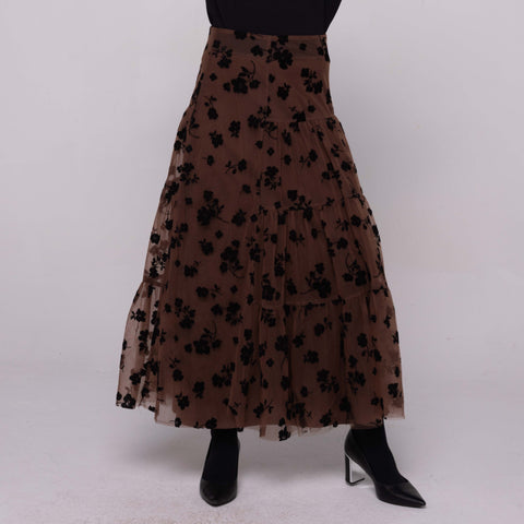 Velvet Tiered Floral Brown Skirt By Ivee