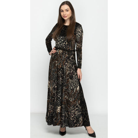 Brown Velvet Burnout Animal Print Belted Maxi