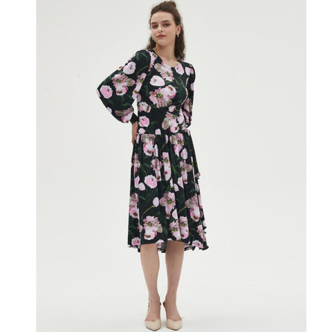 Side Ruffle Pink Roses Dress by MM