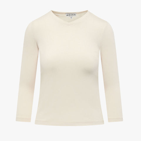 Beige Ribbed V Neck Tee Adina LV
