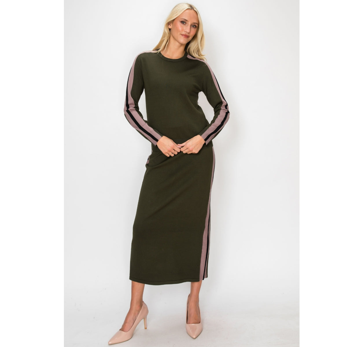 Olive Stripe Knit Skirt Yal