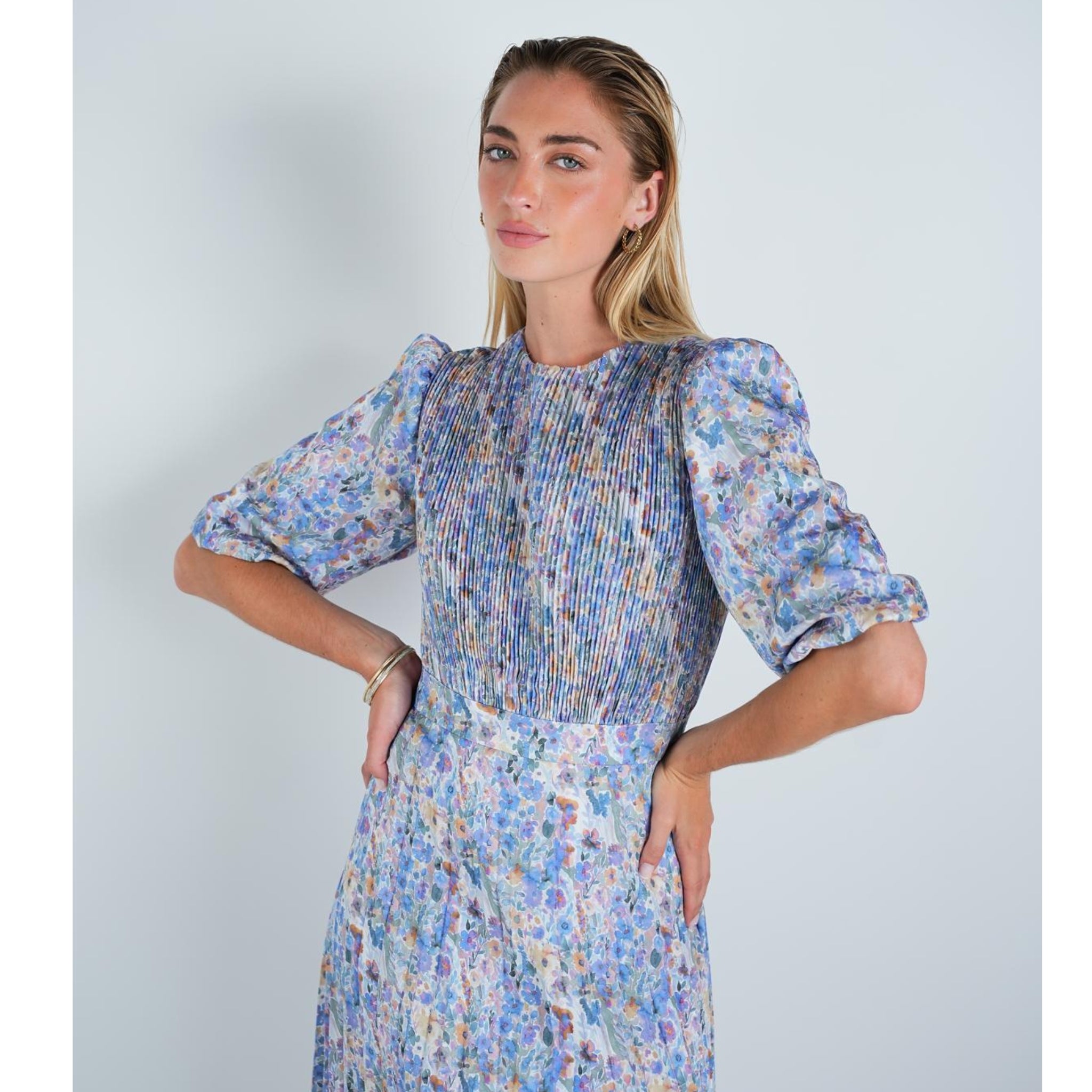 Blue Confetti Floral Pleated Dress Blue Confetti Floral Pleated Dress