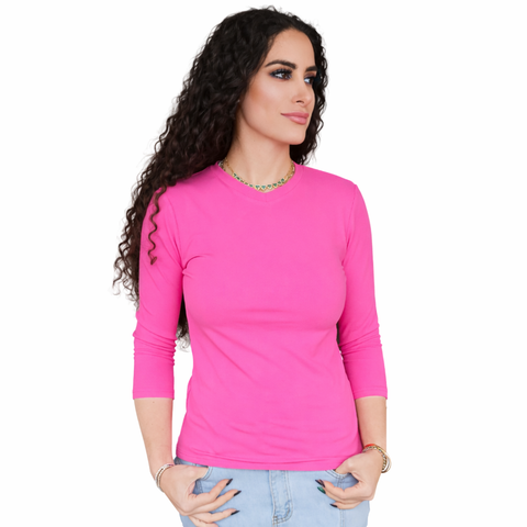 Bright Pink V Neck Microribbed Tshirt
