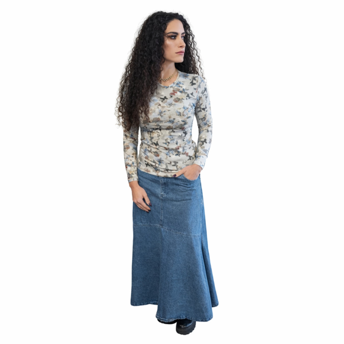 Light Blue Acid Wash Double Pocket Midi Skirt