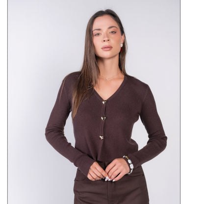 Chocolate V-Neck Cardi With Heart Buttons