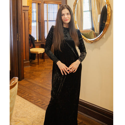 Black Ruched Sleeve Velvet Maxi Jackie O