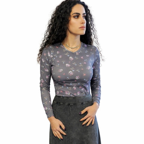 Grey Floral Microribbed V neck Tee