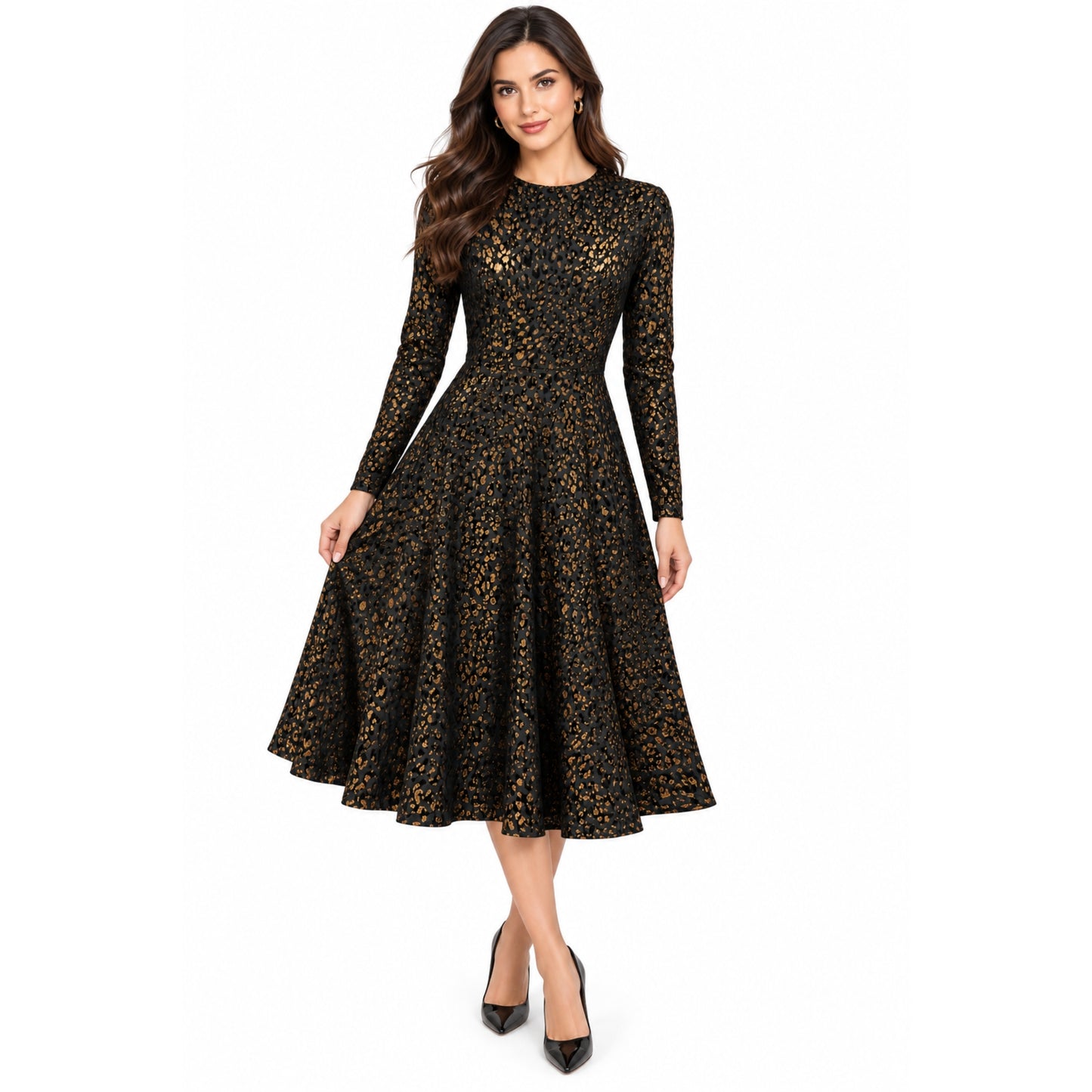 Metallic Foil Paw Print Fit N Flare Dress