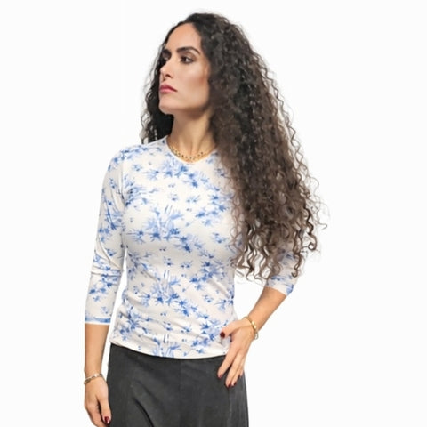 Wispy Floral White/Blue Microribbed V neck Tee