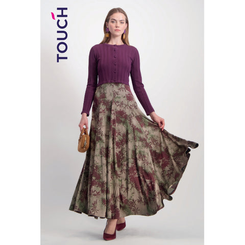 Burgundy Print Dress (Cardi Separate)