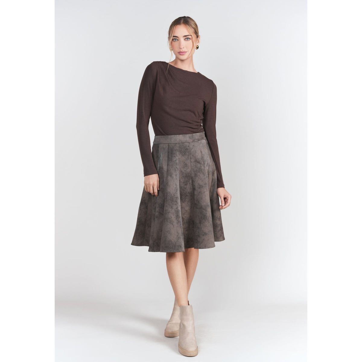 Paneled Flare Skirt Chocolate Adina LV - The Mimi Boutique
