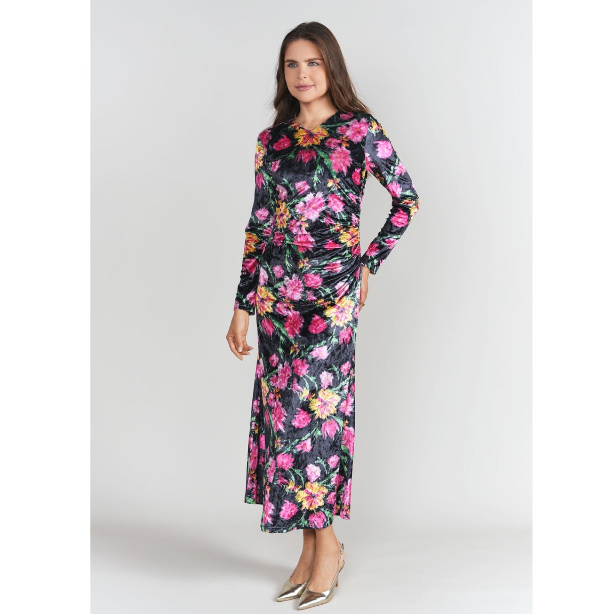 Side Ruched Velvet Dress Winter Blossom Side Ruched Velvet Dress Winter Blossom