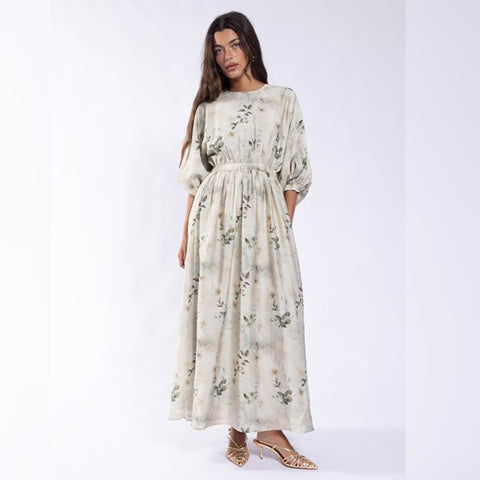 Mint Garden Blouson Waisted Printed Dress