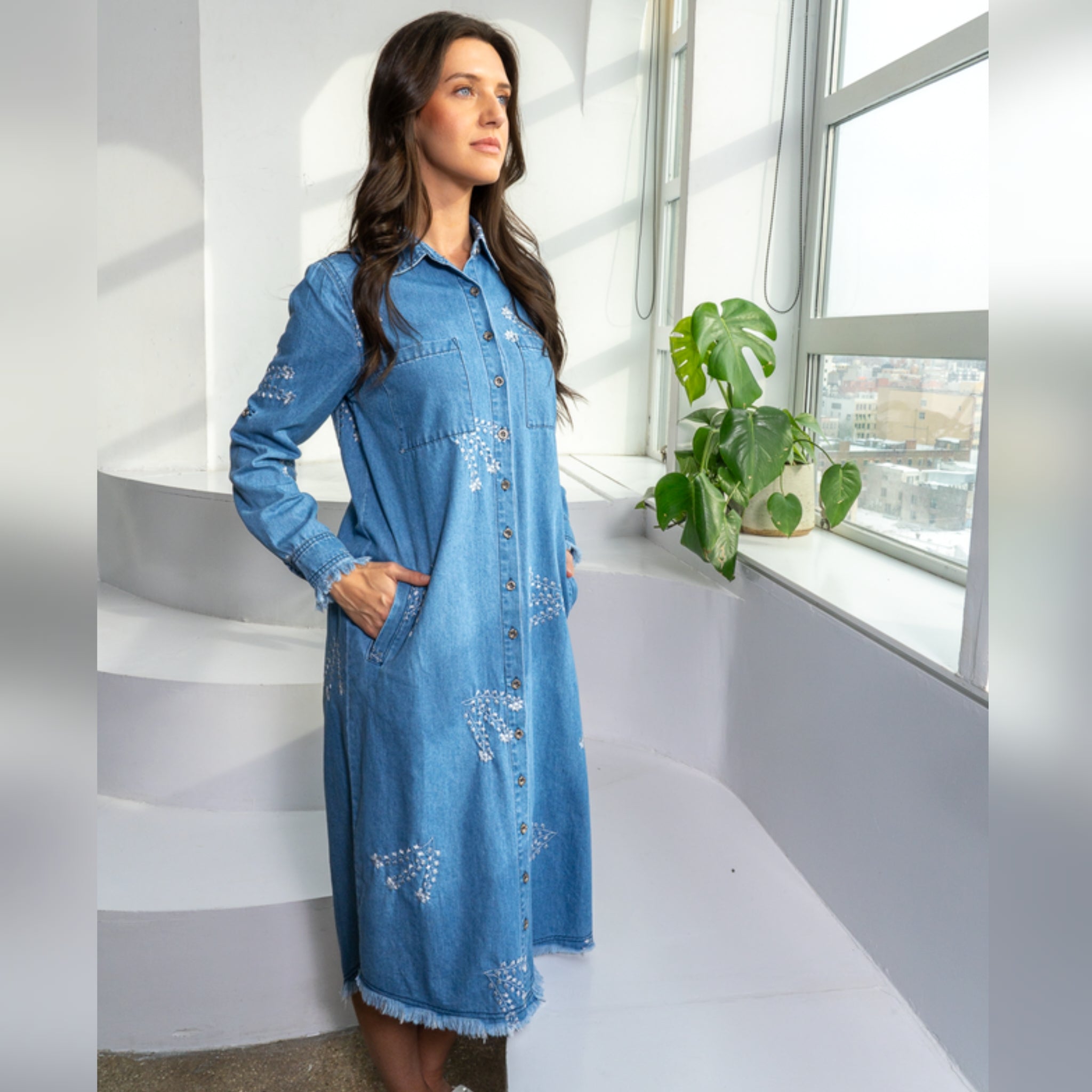 denim embroidered dress Noah Denim Embroidered Dress