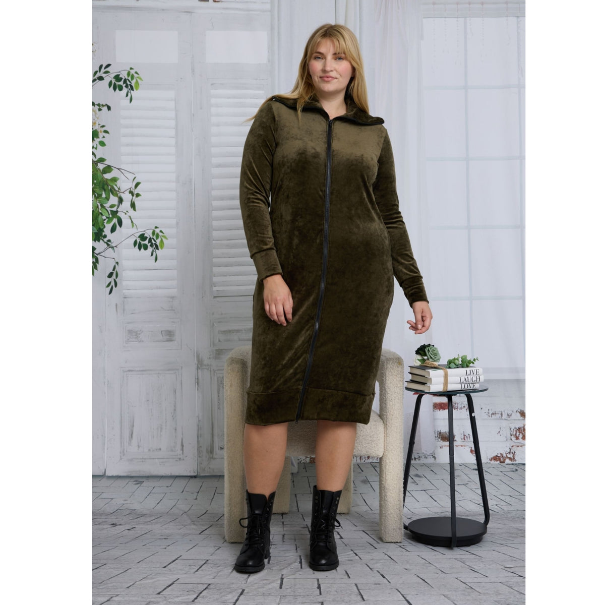 Connie Velour Dress Olive - The Mimi Boutique