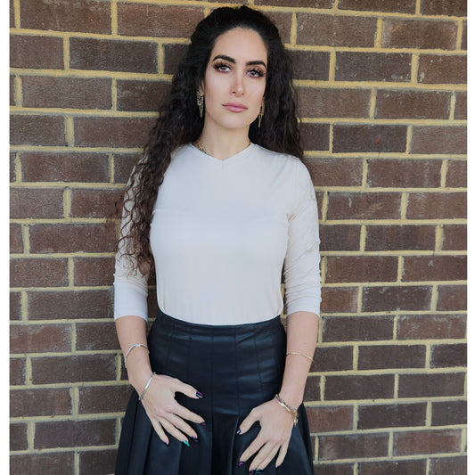 Ivory V Neck Microribbed Tshirt