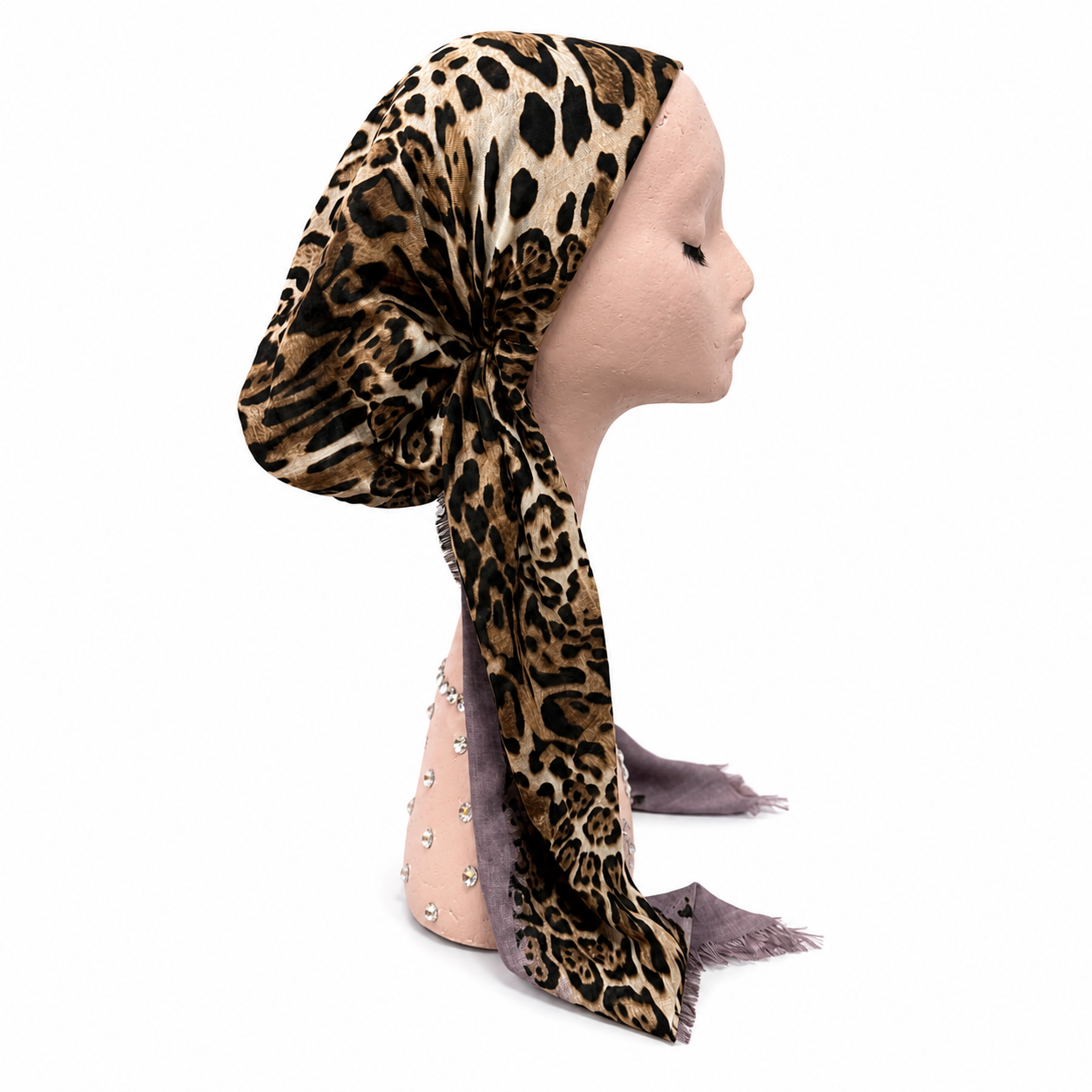 Taupe Leopard W Purple Pre-Tied Scarf Atifa