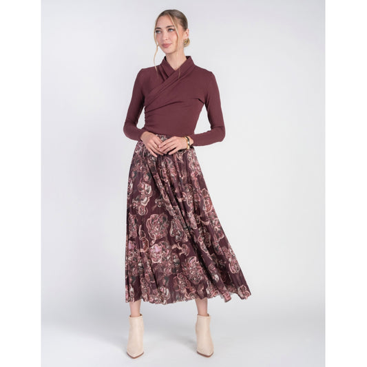 Pleated Maxi Skirt Burgundy Swirls Adina LV