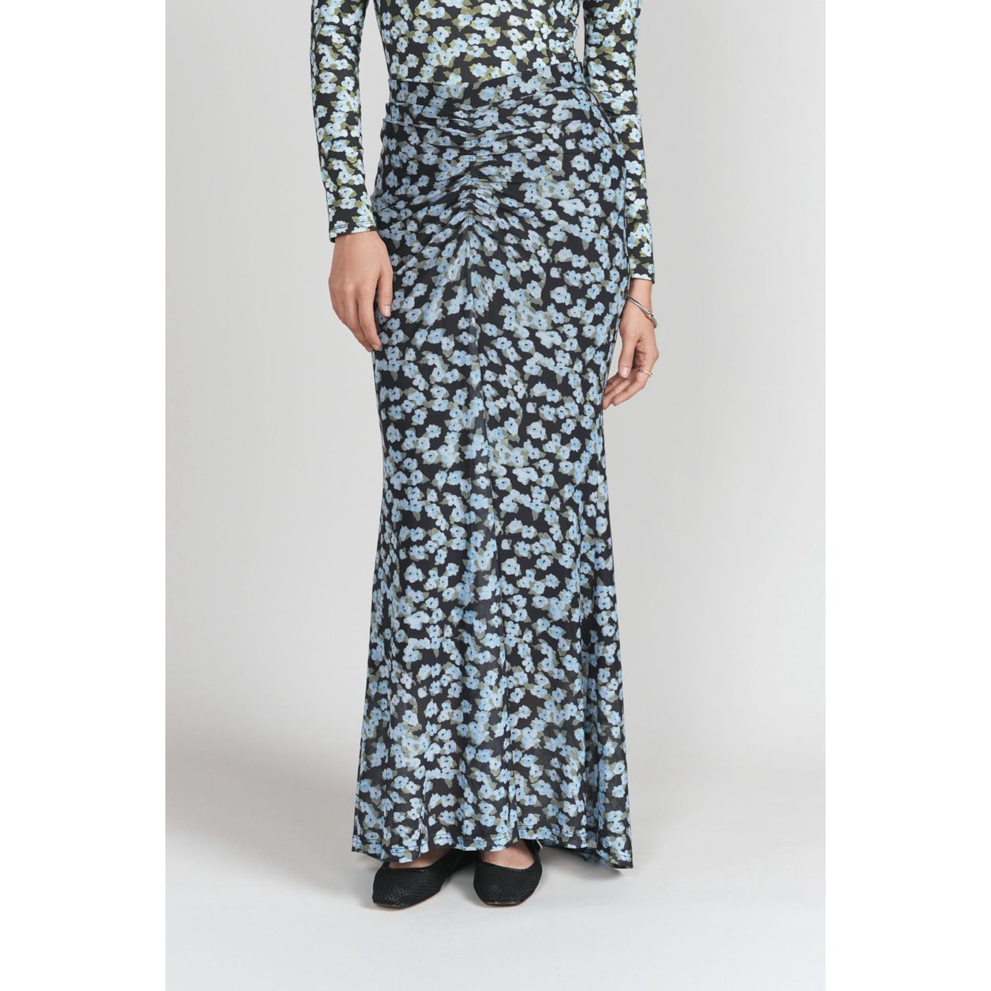 Ruched Front Skirt Blue Floral Adina LV - The Mimi Boutique