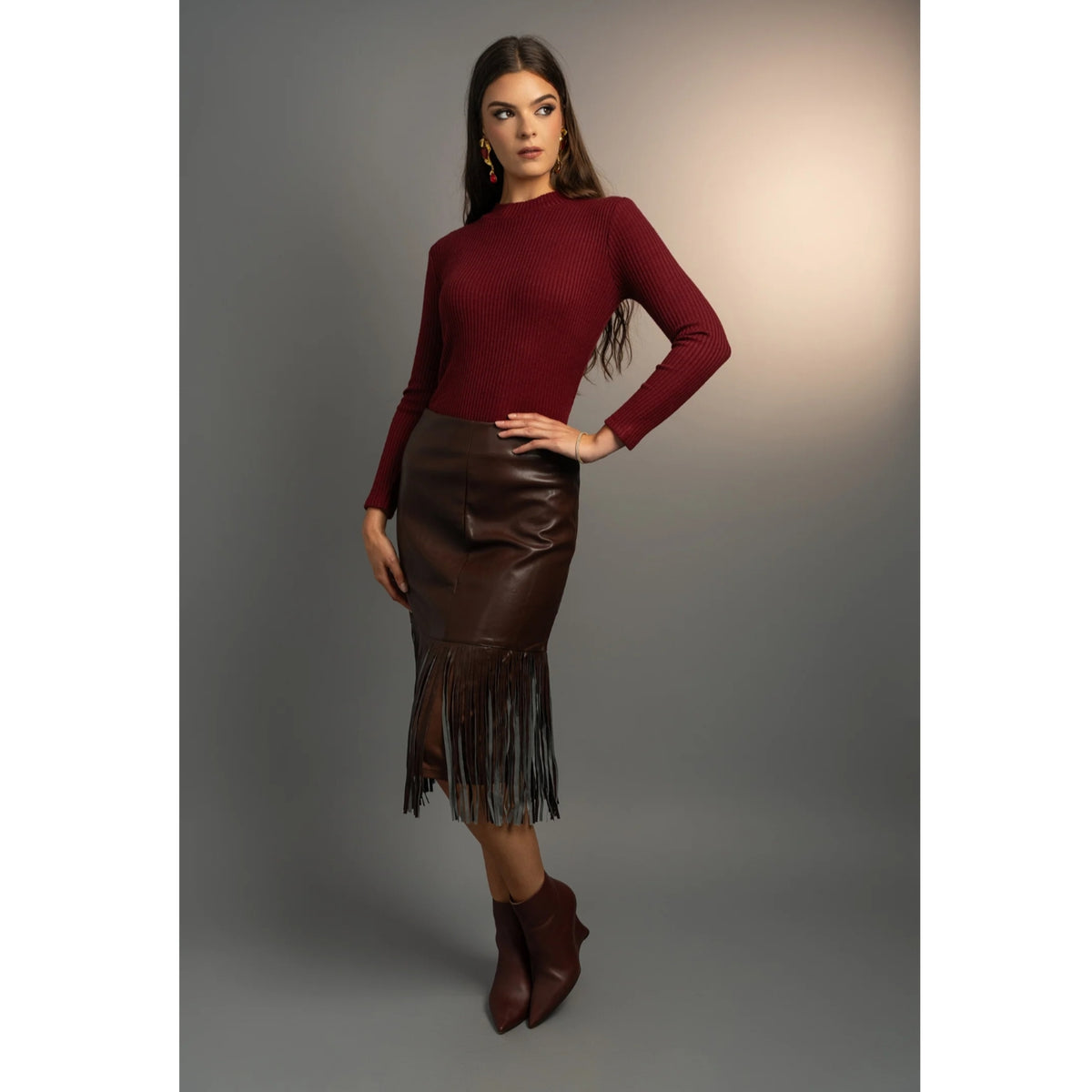 Brown Stone Belle Fringe Leather Skirt