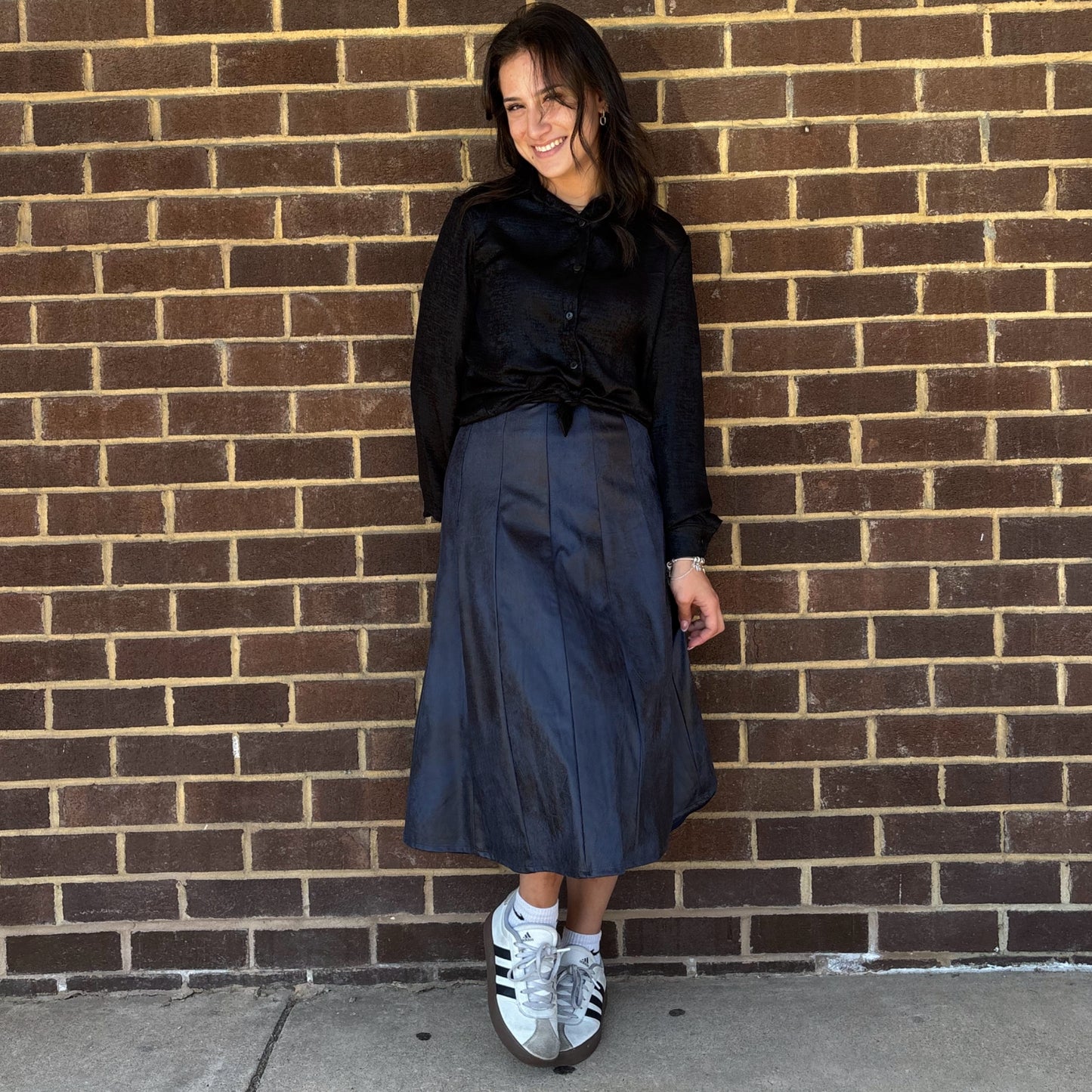 Navy Panel Burnout Leather Skirt 25"