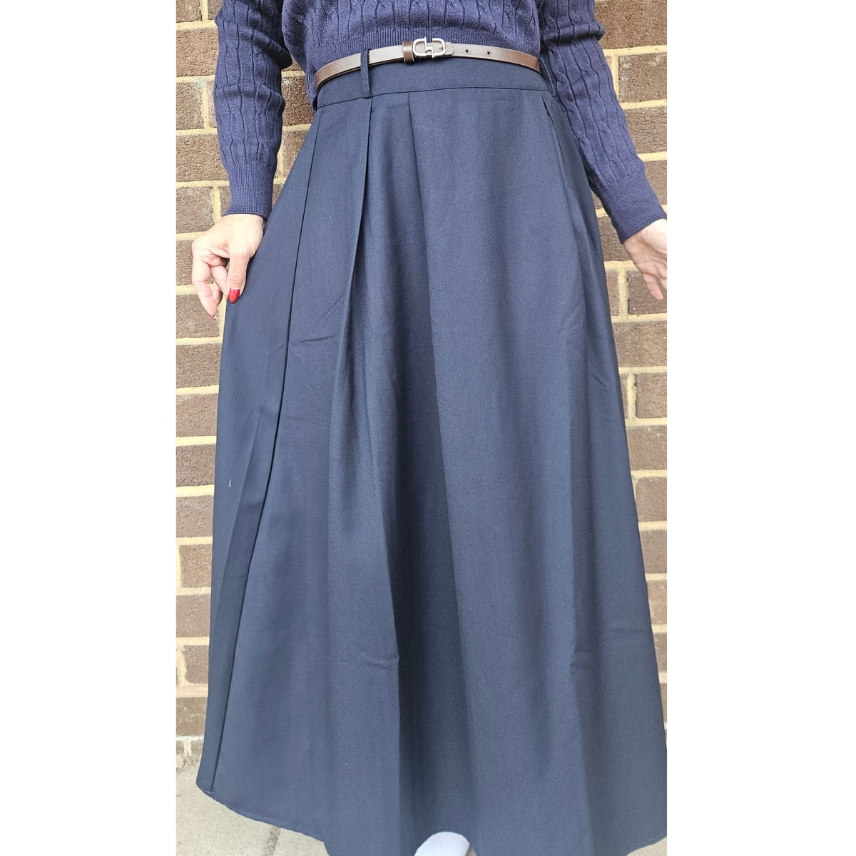 Navy Belted Lightly Pleated Skirt