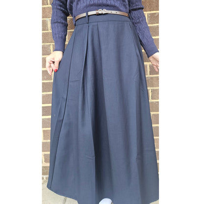 Navy Belted Lightly Pleated Skirt