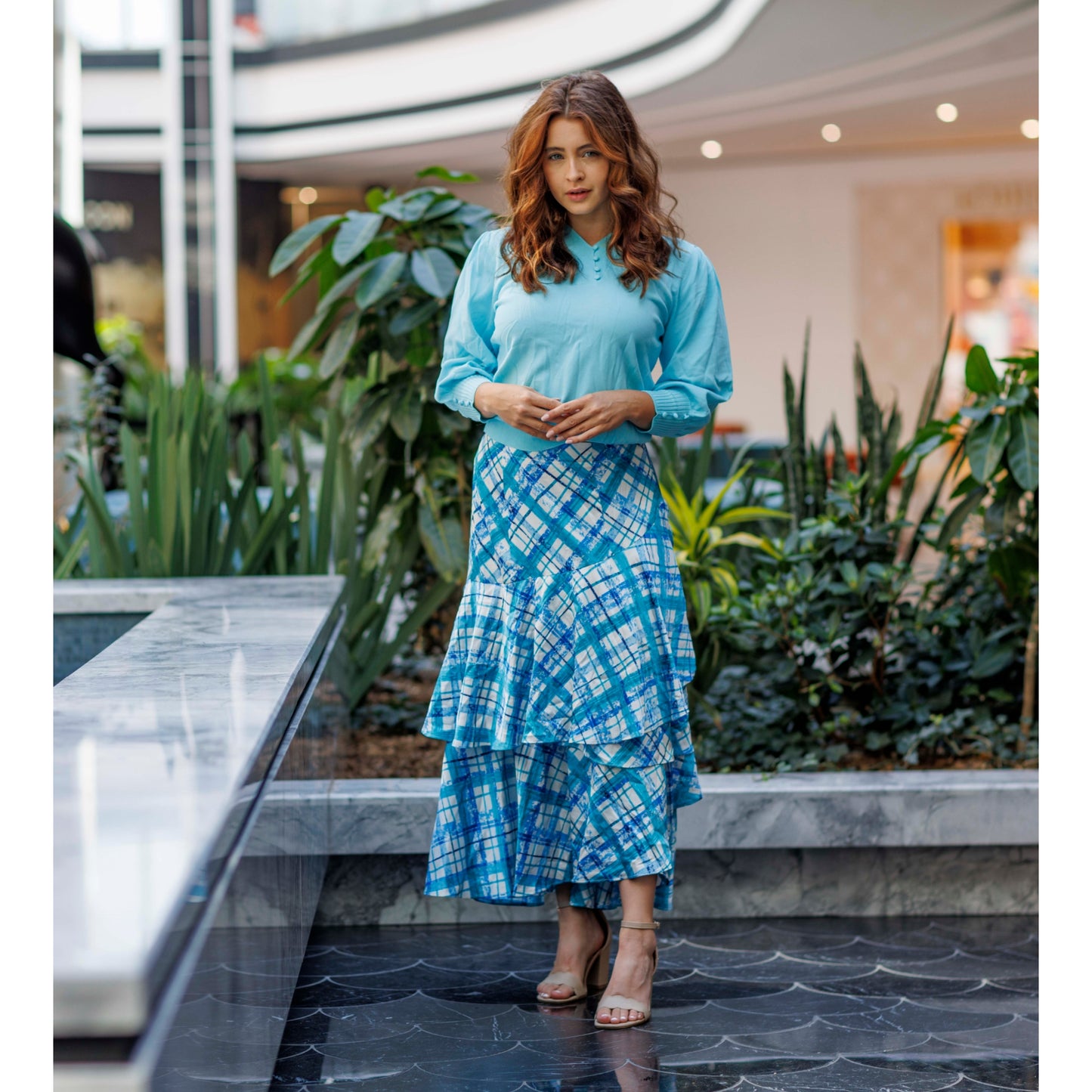 Plaid Ruffle Skirt Ivory/Aqua