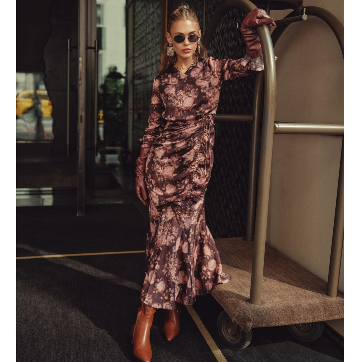 Valerie Midi Dress Burgundy Pink Flower Adina LV