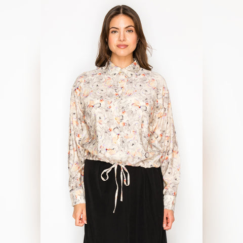 Beige & Grey Floral Cinch Waist Blouse